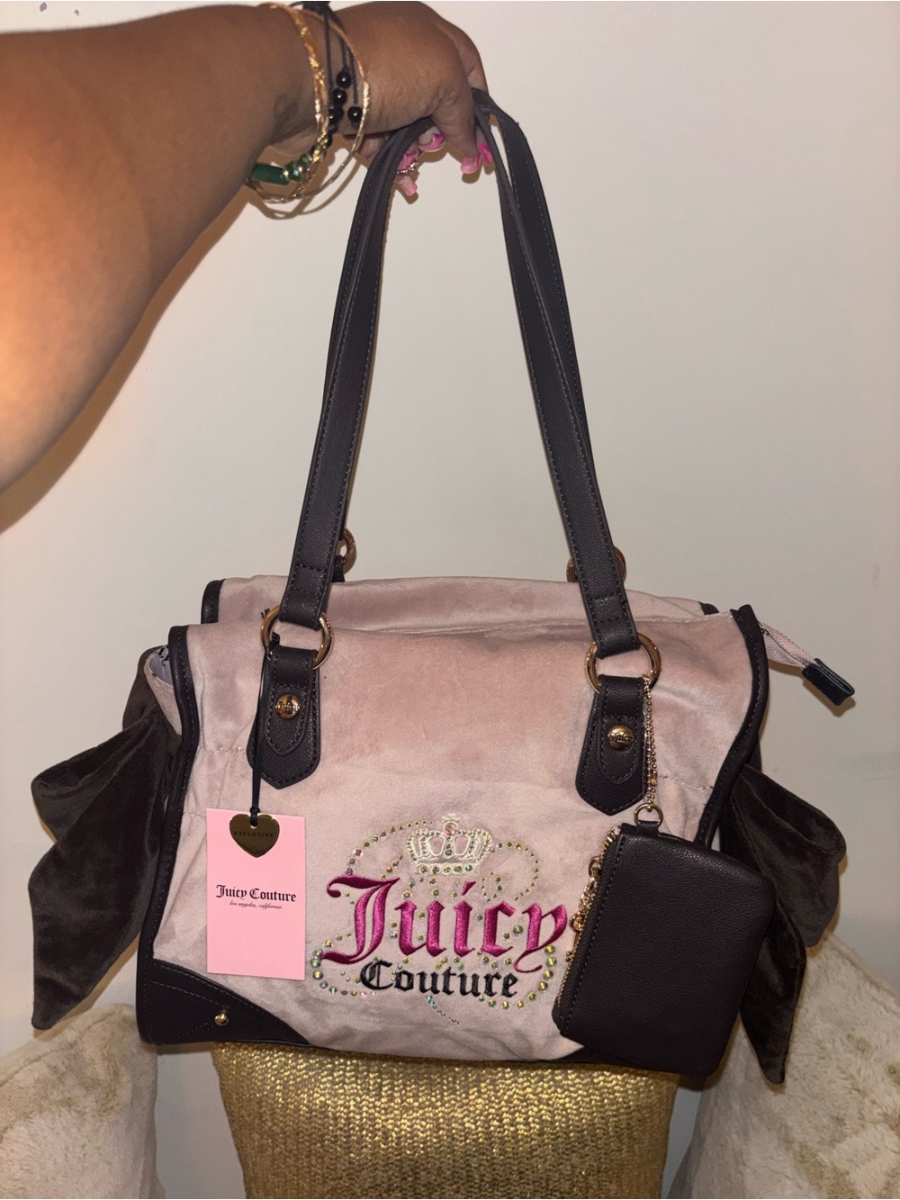 Juicy Couture Pink and Black Suede Logo Satchel with Gold Accents
